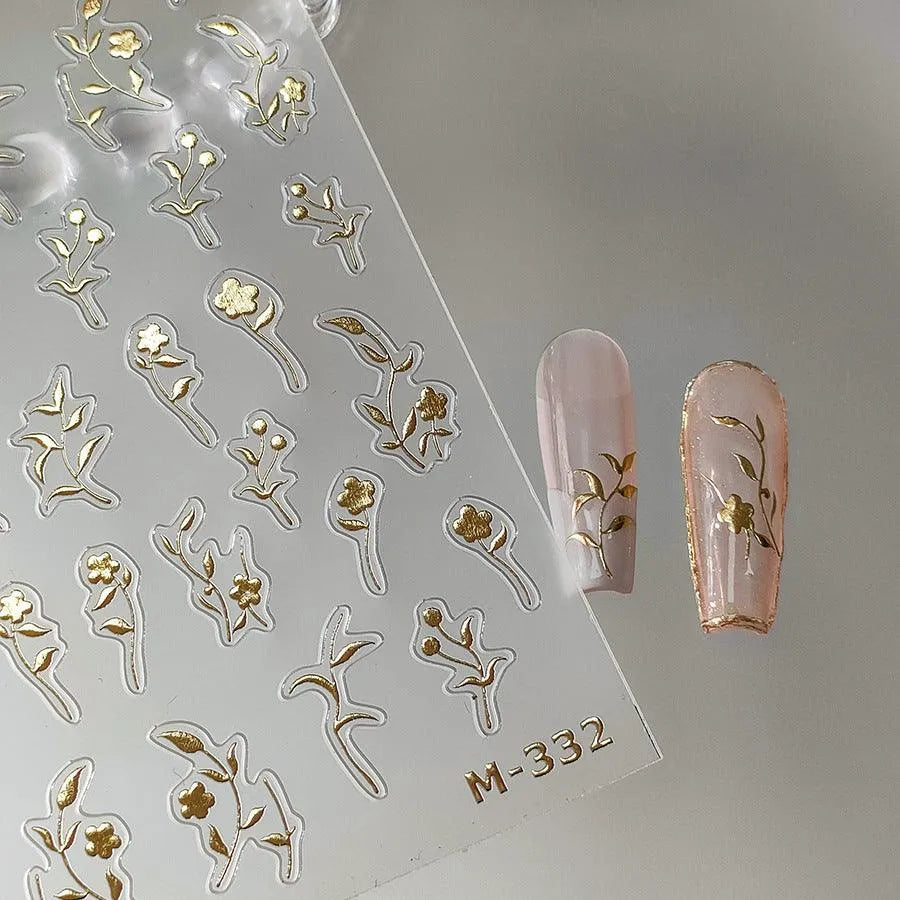 Gold Floral Nail Art Stickers 3D Adhesive Slider Rose Flower Sticker Decals M332