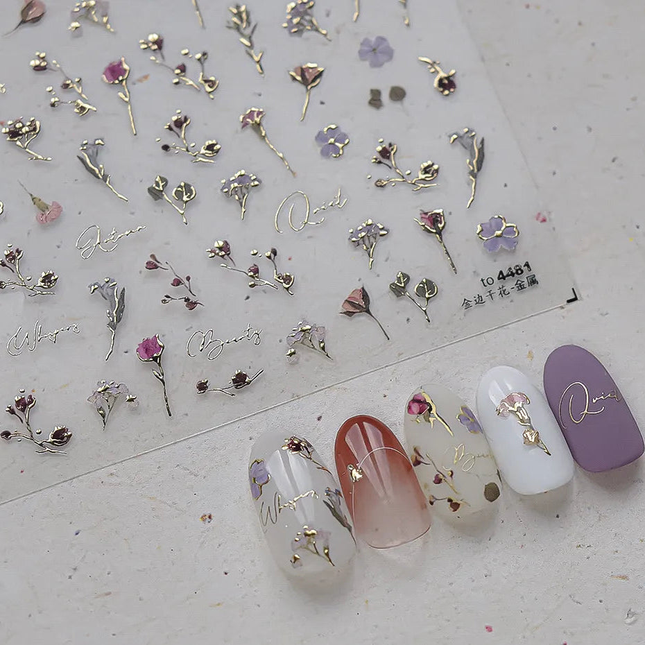 Gold Foil 5D Floral Nail Stickers - Embossed Dried Flower & Botanical Decals 