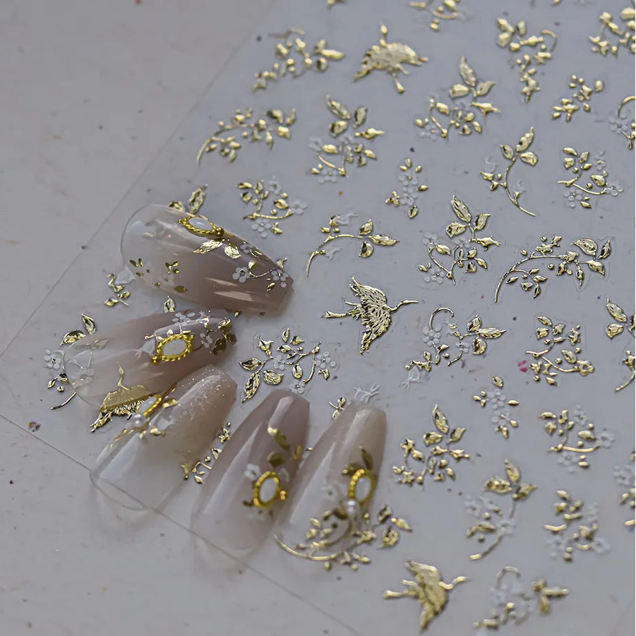 Gold Foil 5D Floral Nail Stickers - Embossed Dried Flower & Botanical Decals 