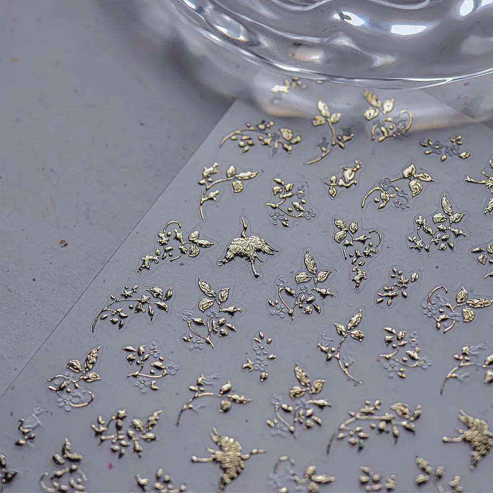 Gold Foil 5D Floral Nail Stickers - Embossed Dried Flower & Botanical Decals 