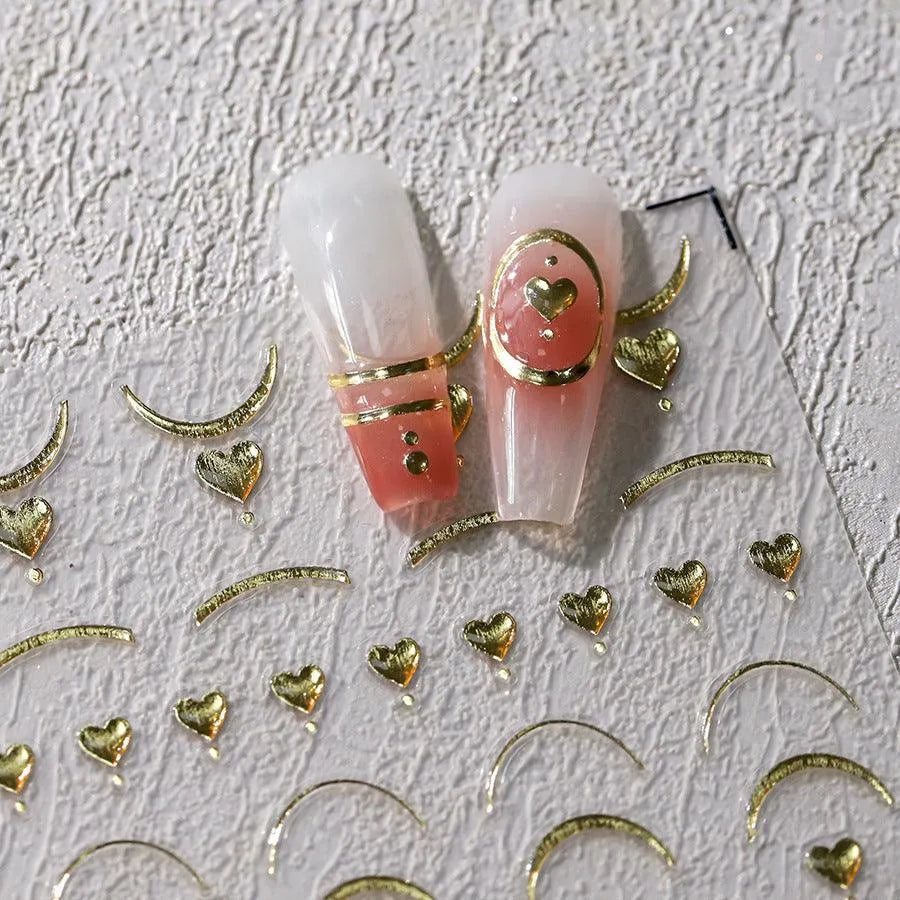 Gold French Line Nail Art Stickers Adhesive Slider Gold Silver Heart Sticker Decals 