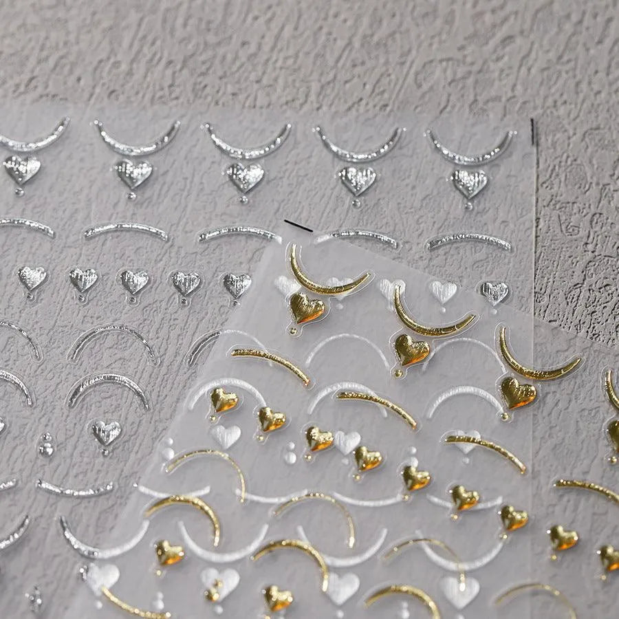 Gold French Line Nail Art Stickers Adhesive Slider Gold Silver Heart Sticker Decals 