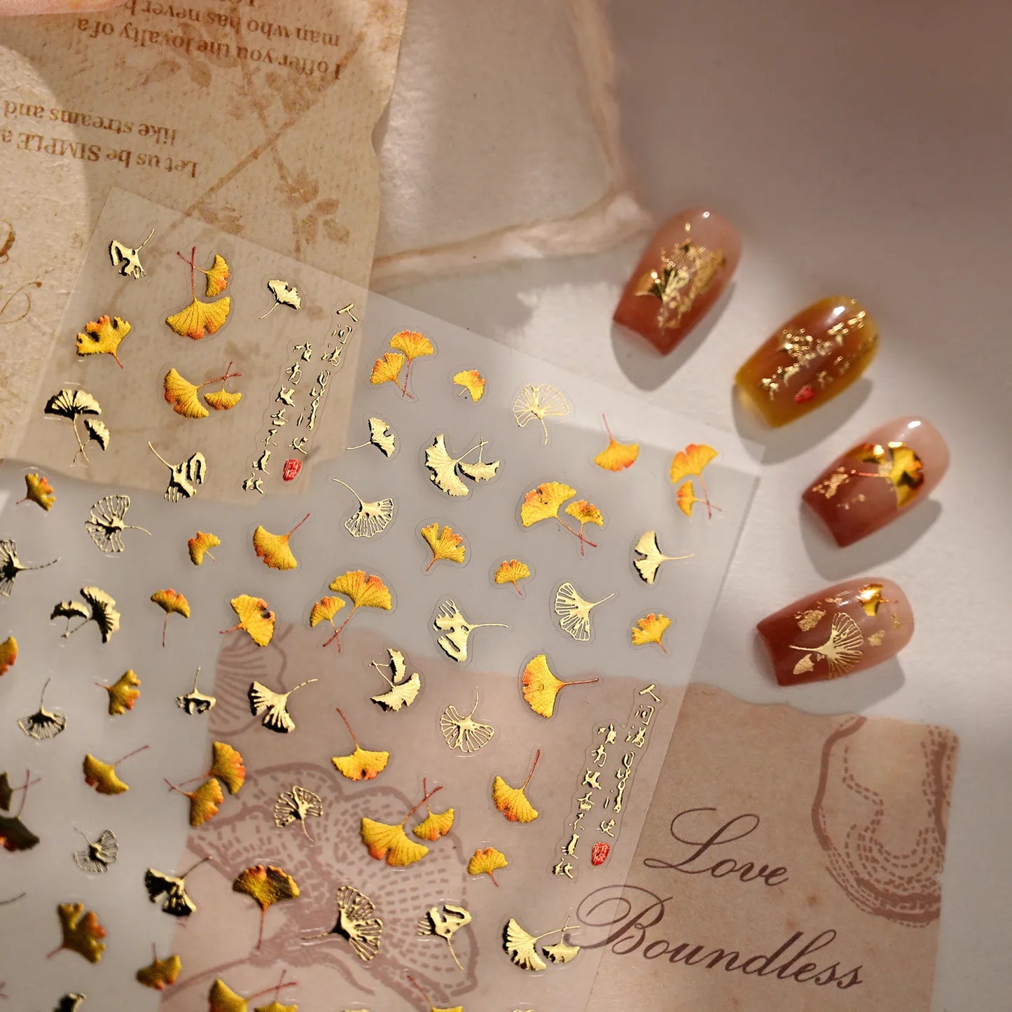Gold Ginkgo Leaf Nail Stickers - Autumn Fall Leaf Nail Art Decals M1247