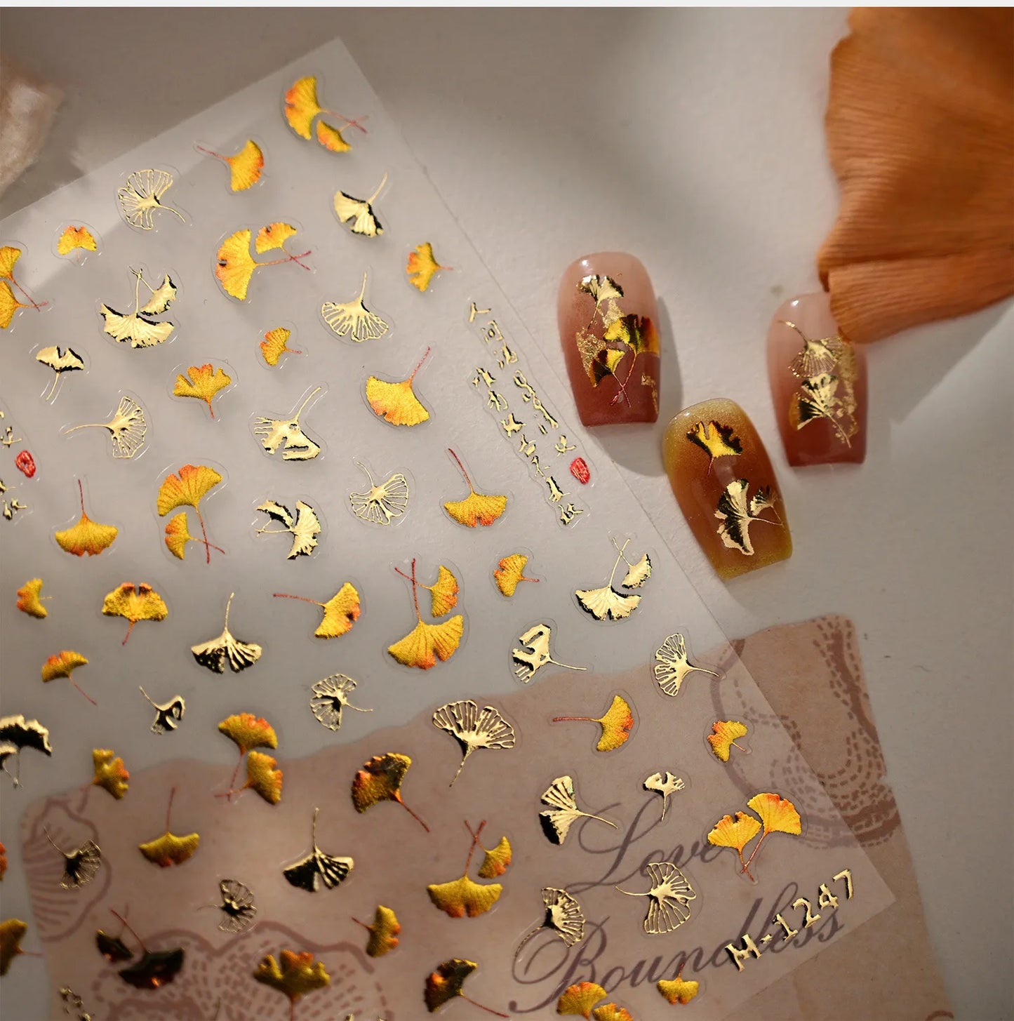 Gold Ginkgo Leaf Nail Stickers - Autumn Fall Leaf Nail Art Decals M1247