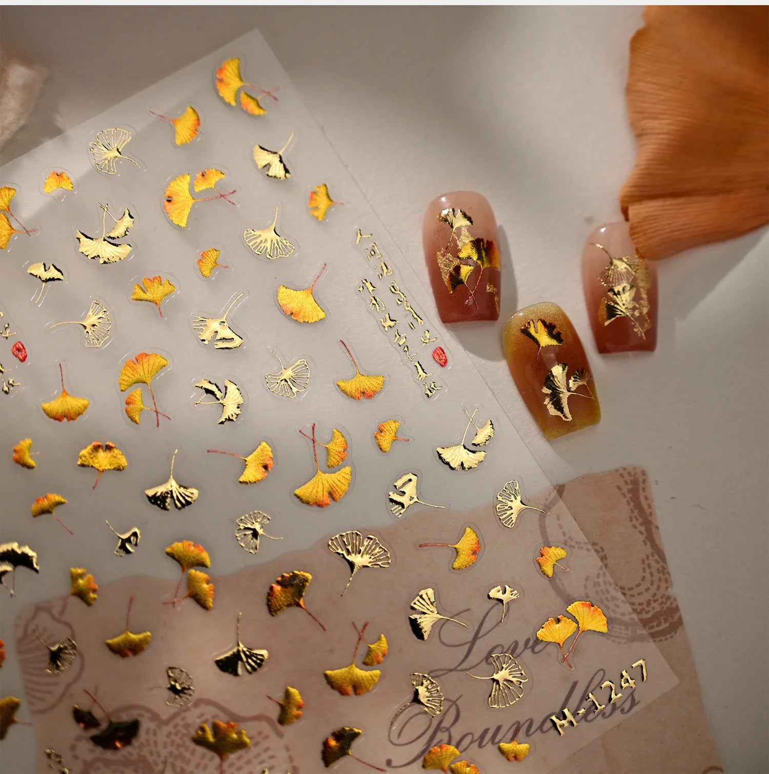 Gold Ginkgo Leaf Nail Stickers - Autumn Fall Leaf Nail Art Decals M1247