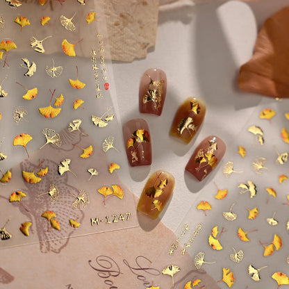 Gold Ginkgo Leaf Nail Stickers - Autumn Fall Leaf Nail Art Decals M1247