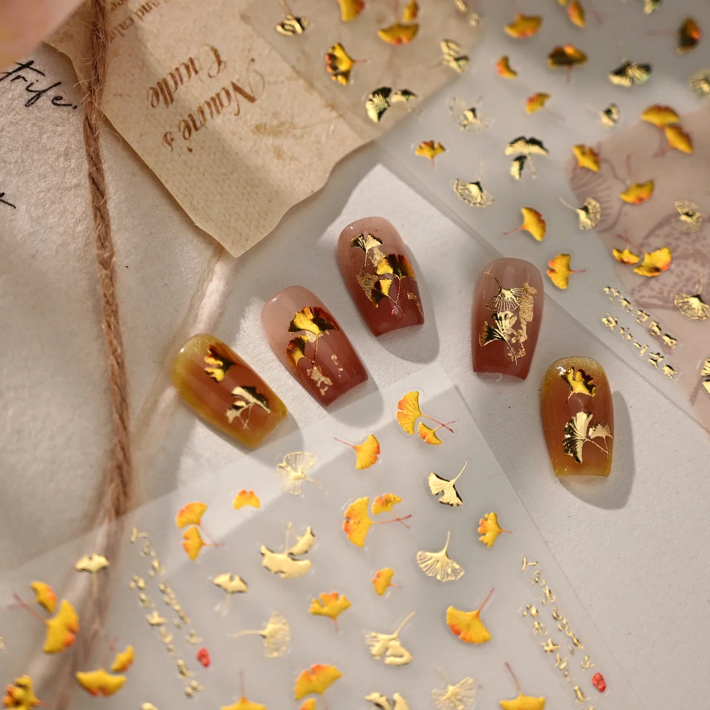 Gold Ginkgo Leaf Nail Stickers - Autumn Fall Leaf Nail Art Decals M1247