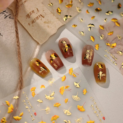 Gold Ginkgo Leaf Nail Stickers - Autumn Fall Leaf Nail Art Decals M1247