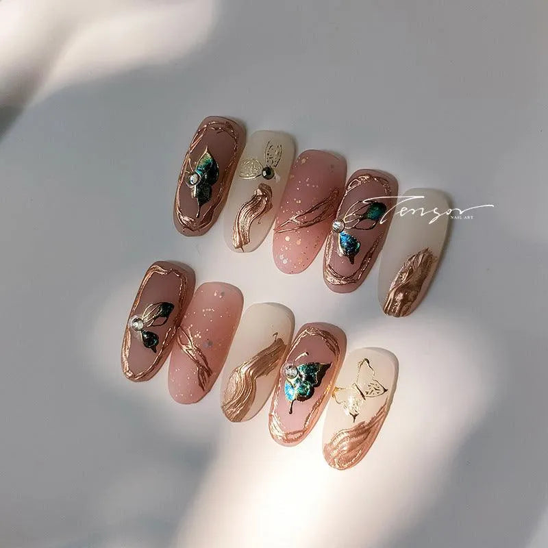 Gold Green Butterfly Wings Nail Art Stickers Adhesive Embossed Sticker Decals 