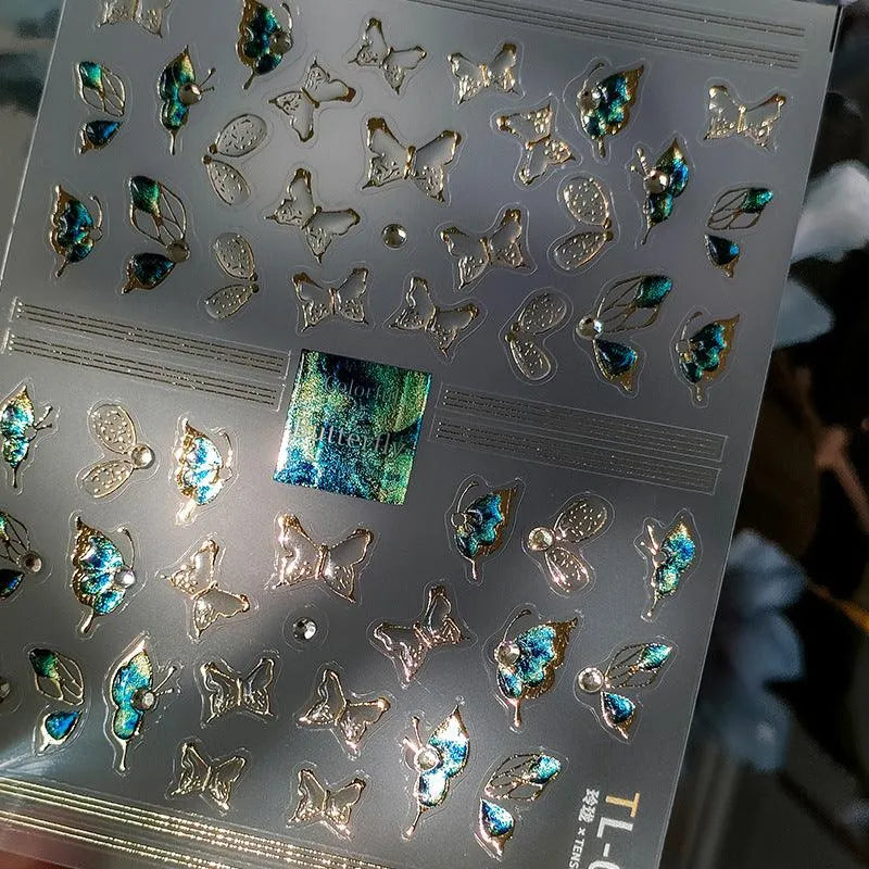 Gold Green Butterfly Wings Nail Art Stickers Adhesive Embossed Sticker Decals 