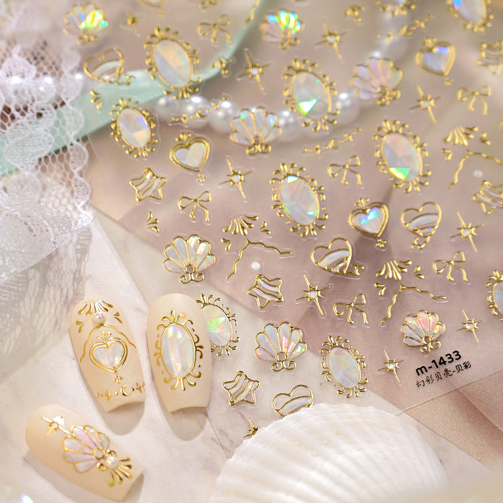 Gold Iridescent Seashell & Bow Nail Stickers - Mermaidcore Decals 