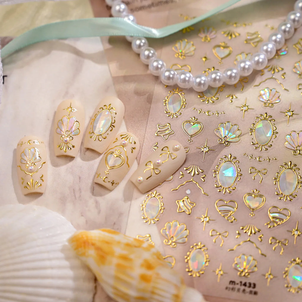 Gold Iridescent Seashell & Bow Nail Stickers - Mermaidcore Decals 