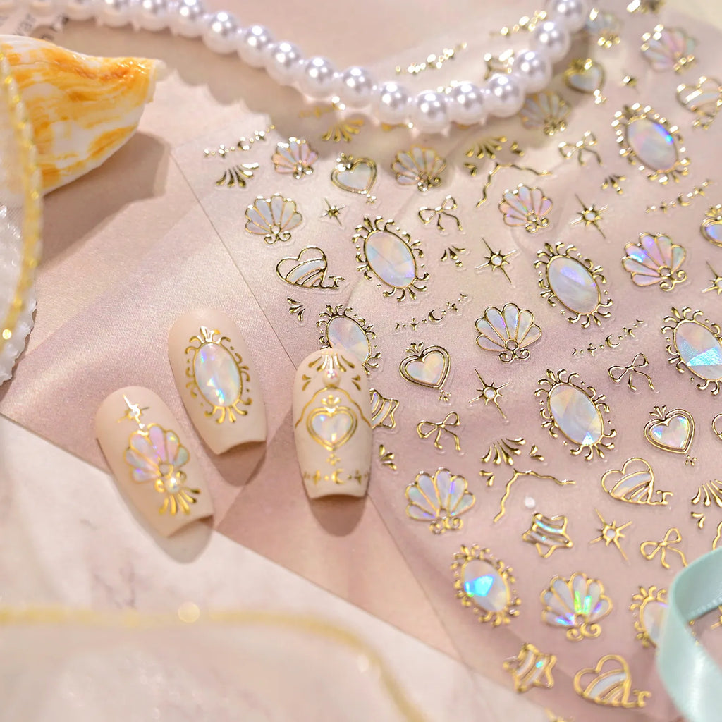 Gold Iridescent Seashell & Bow Nail Stickers - Mermaidcore Decals 