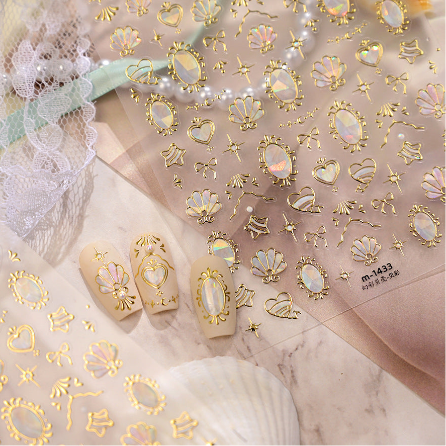 Gold Iridescent Seashell & Bow Nail Stickers - Mermaidcore Decals 