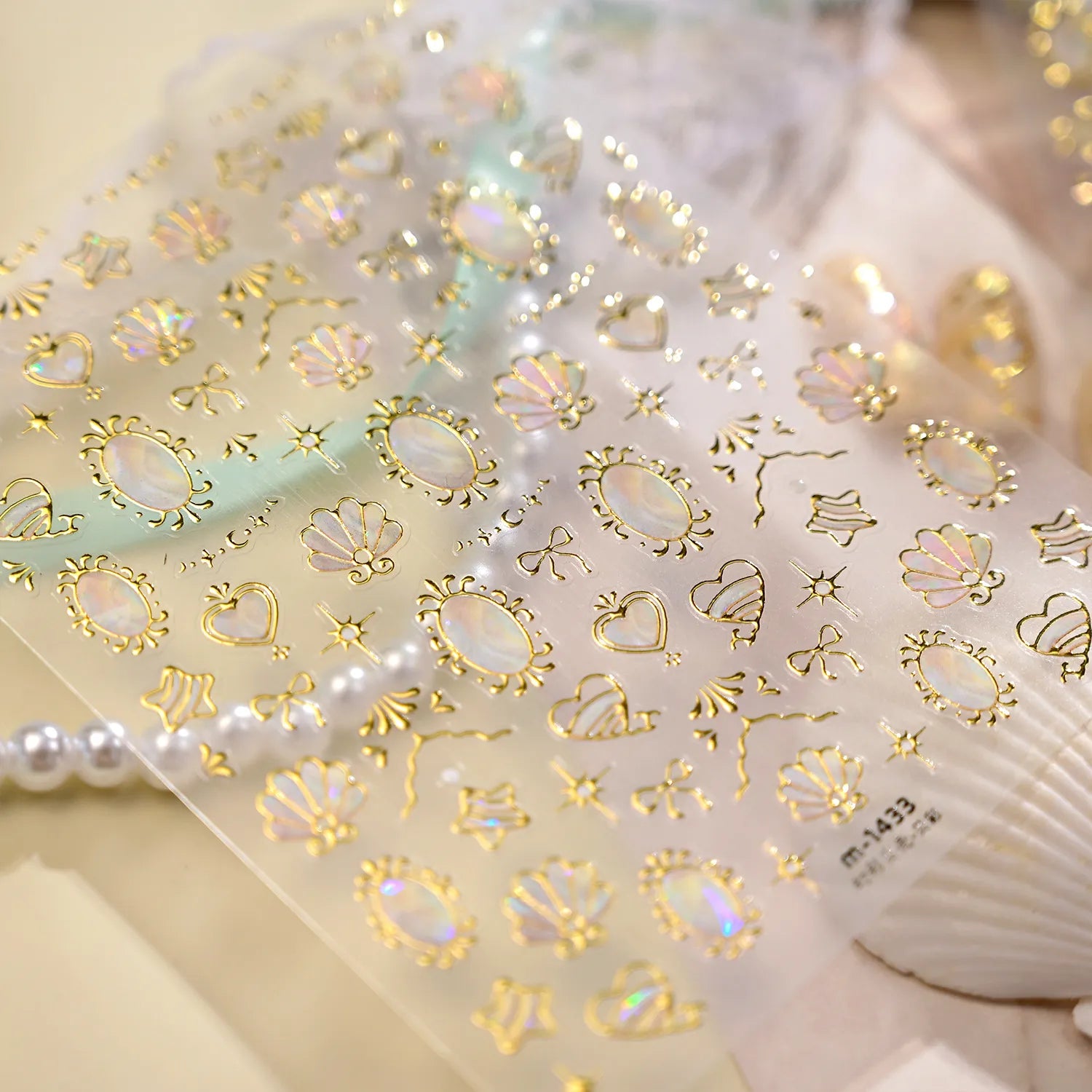Gold Iridescent Seashell & Bow Nail Stickers - Mermaidcore Decals 