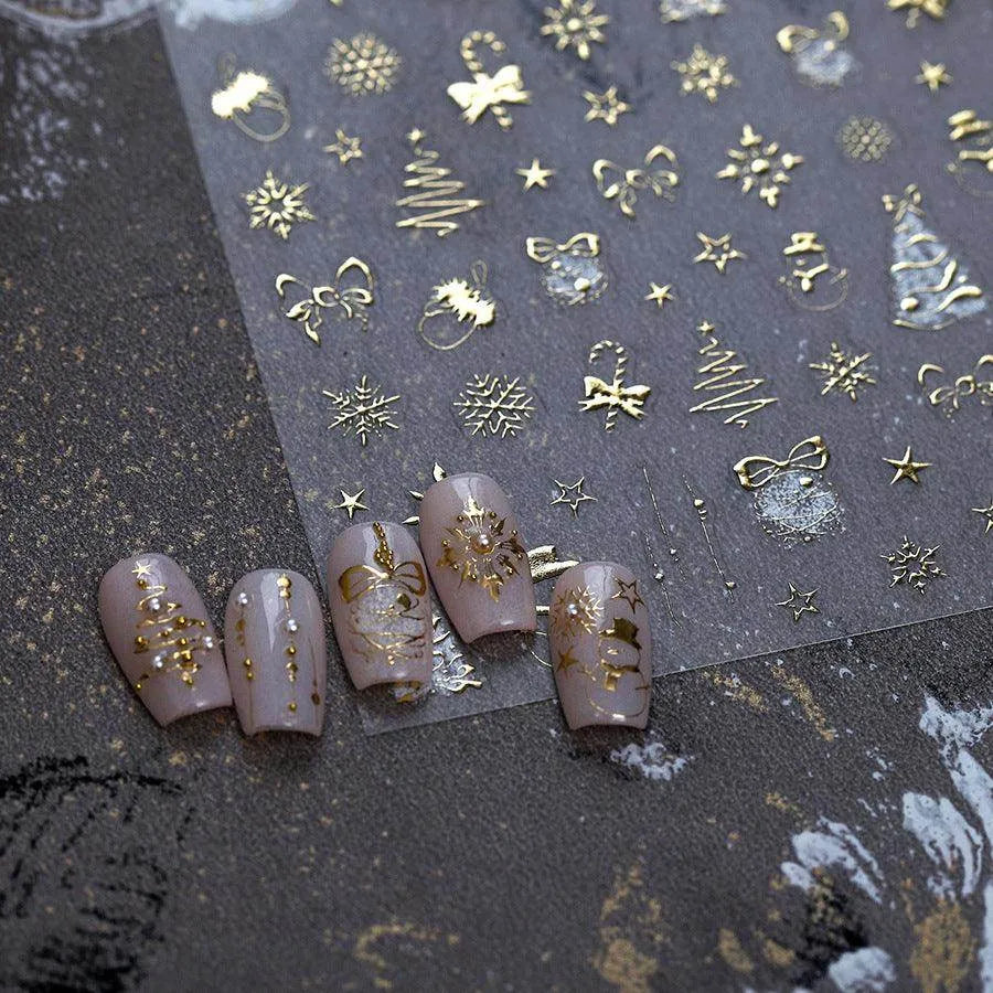Gold Nail Art Stickers Christmas Snowflake Adhesive Embossed Nail Sticker Decals 