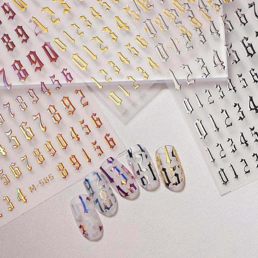 Gold Silver Numbers Nail Art Stickers Adhesive Embossed Gothic Numbers ...
