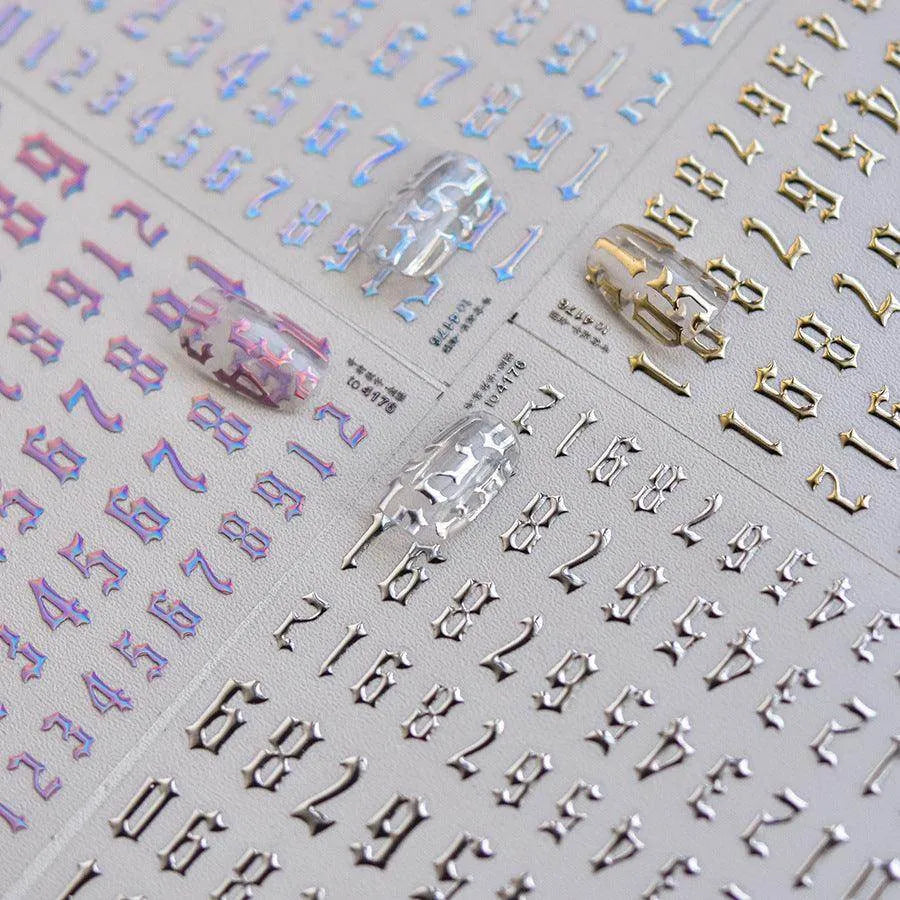 Gold Numbers Nail Art Stickers Adhesive Embossed Gothic Numbers Sticker Decals 
