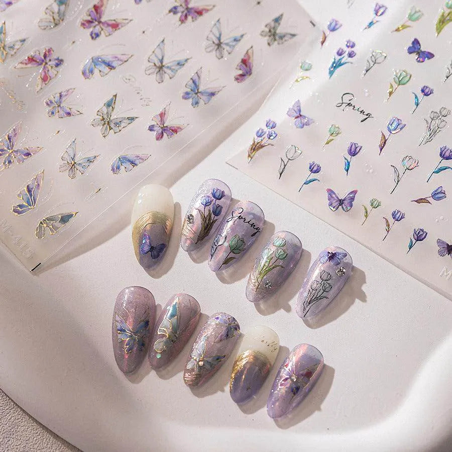 Gold Outline Butterfly Nail Art Stickers Adhesive Tulip Flowers Embossed Sticker Decals M411