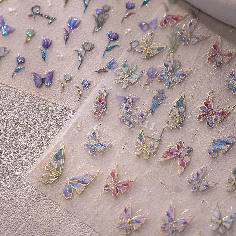 Gold Outline Butterfly Nail Art Stickers Adhesive Tulip Flowers Embossed Sticker Decals M411
