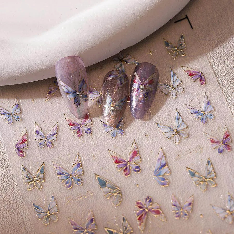 Gold Outline Butterfly Nail Art Stickers Adhesive Tulip Flowers Embossed Sticker Decals M411