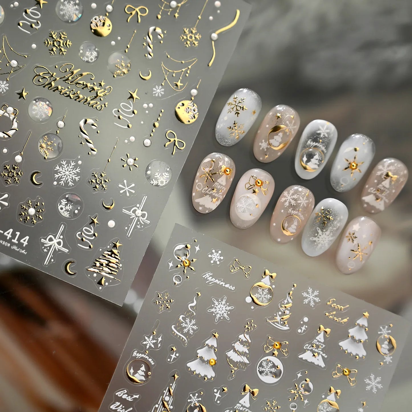 Gold Silver Christmas Nail Art Stickers - Xmas Ball Tree Snowman Festive Decals