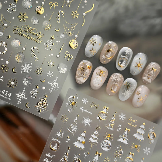 Gold Silver Christmas Nail Art Stickers - Xmas Ball Tree Snowman Festive Decals