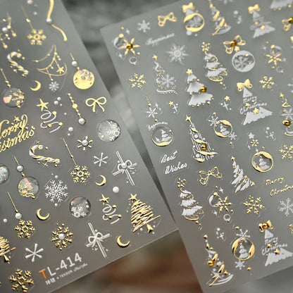 Gold Silver Christmas Nail Art Stickers - Xmas Ball Tree Snowman Festive Decals
