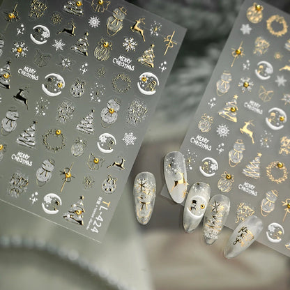 Gold Silver Christmas Nail Art Stickers - Xmas Ball Tree Snowman Festive Decals