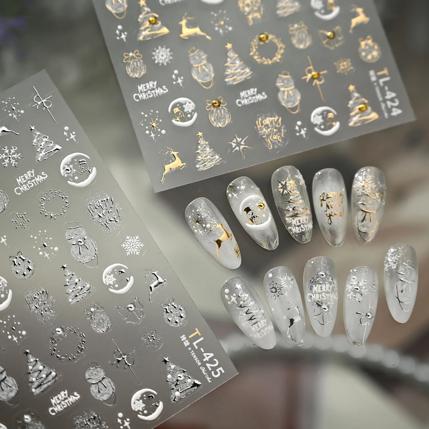 Gold Silver Christmas Nail Art Stickers - Xmas Ball Tree Snowman Festive Decals