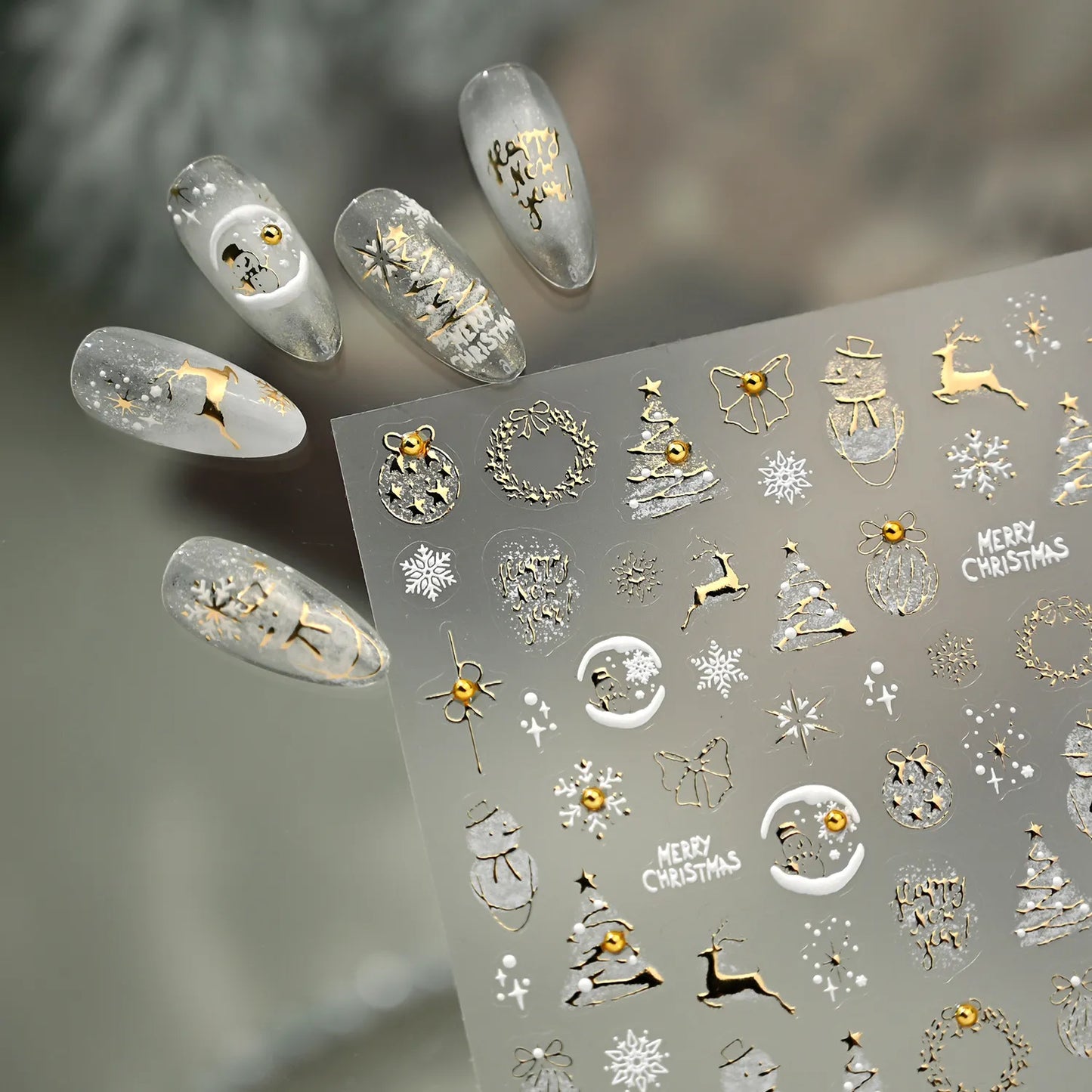 Gold Silver Christmas Nail Art Stickers - Xmas Ball Tree Snowman Festive Decals