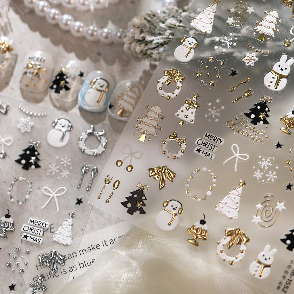Gold Silver Christmas Nail Stickers - Cute Xmas Tree, Snowman & Wreath Decals 1552