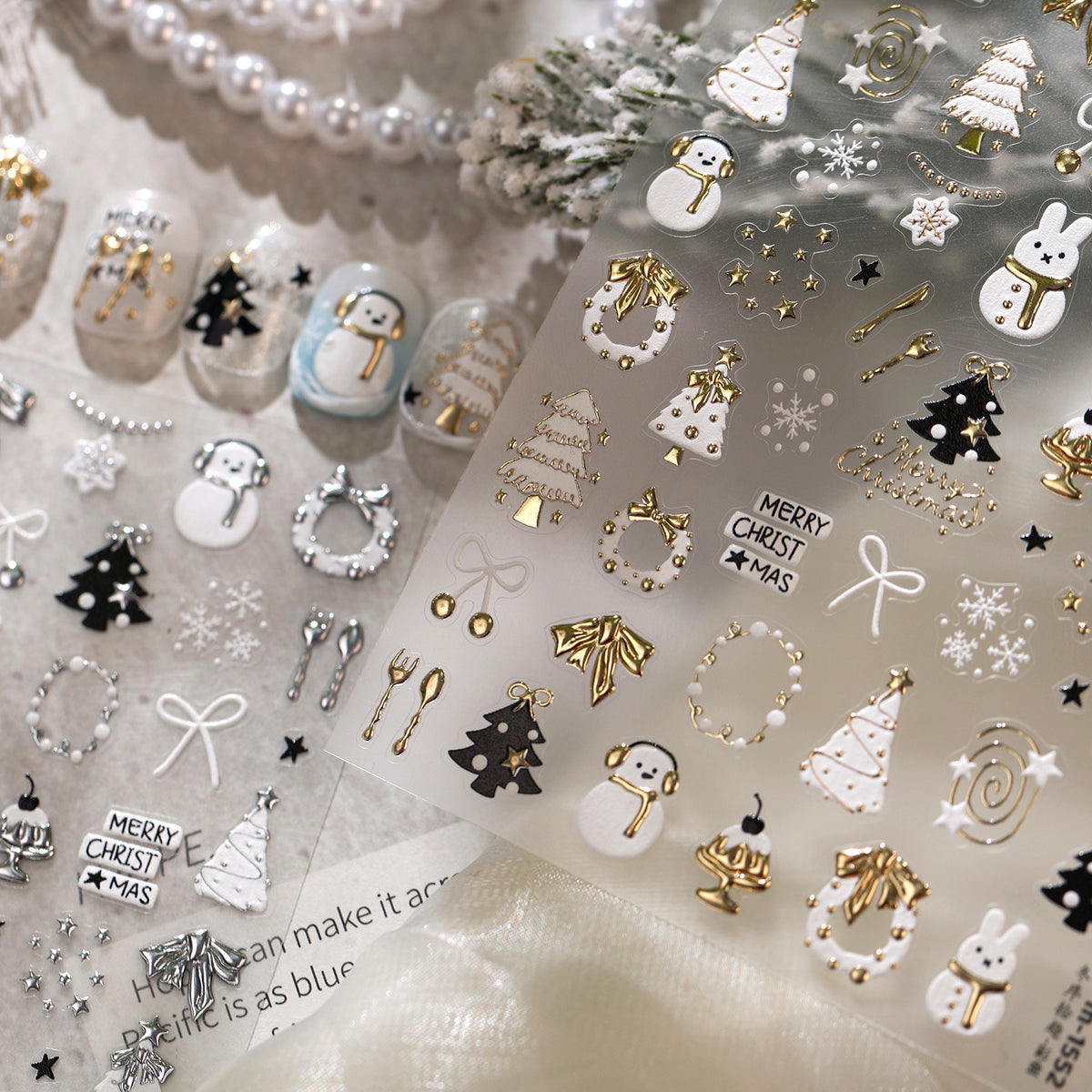 Gold Silver Christmas Nail Stickers - Cute Xmas Tree, Snowman & Wreath Decals 1552