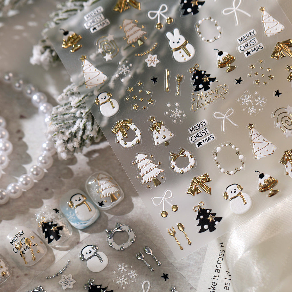 Gold Silver Christmas Nail Stickers - Cute Xmas Tree, Snowman & Wreath Decals 1552