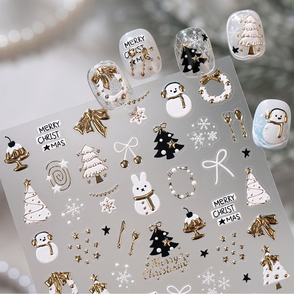 Gold Silver Christmas Nail Stickers - Cute Xmas Tree, Snowman & Wreath Decals 1552