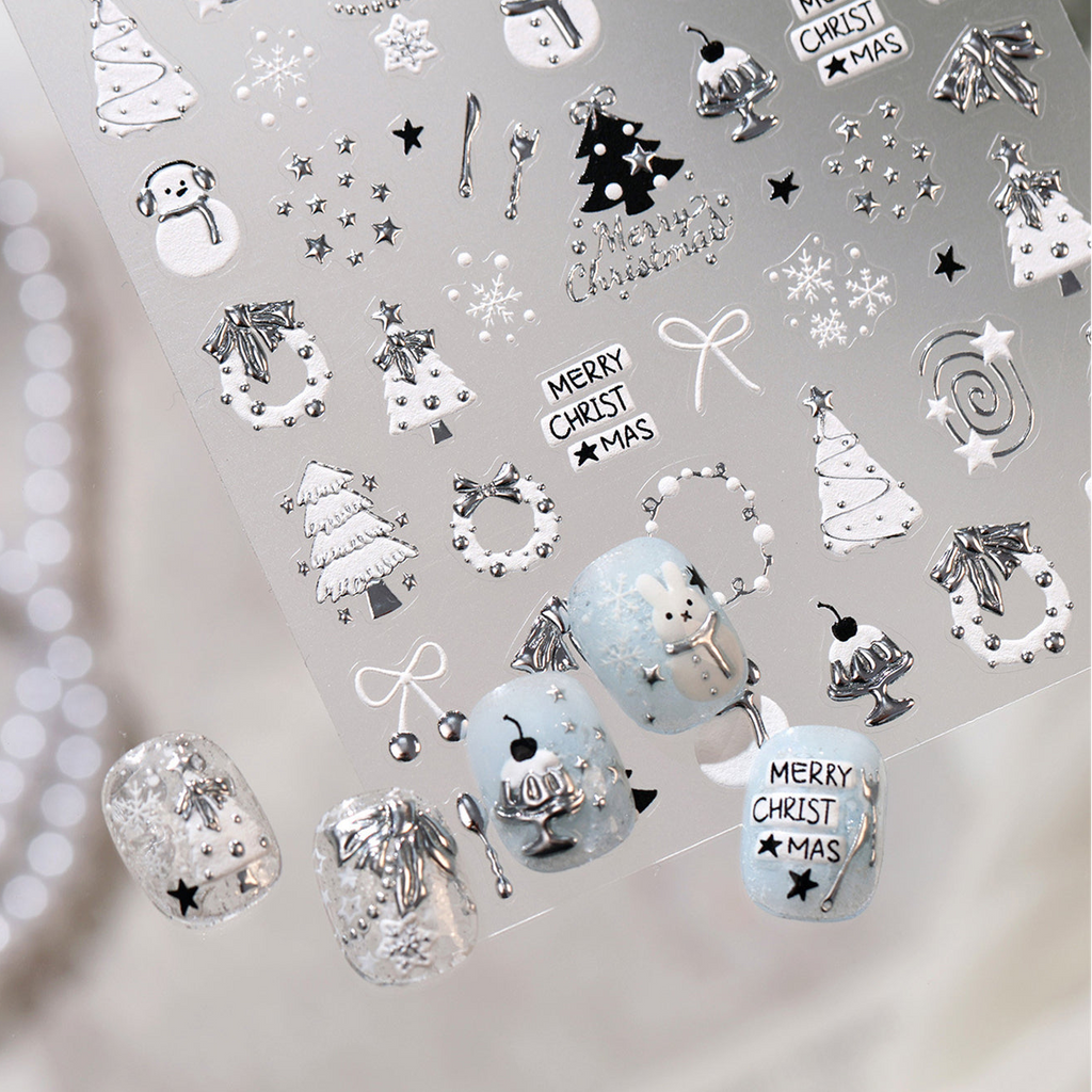 Gold Silver Christmas Nail Stickers - Cute Xmas Tree, Snowman & Wreath Decals 1552