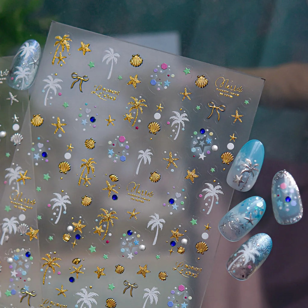 Gold & Silver Coastal Beach Nail Art Stickers - Hawaiian Palms Shells Decals