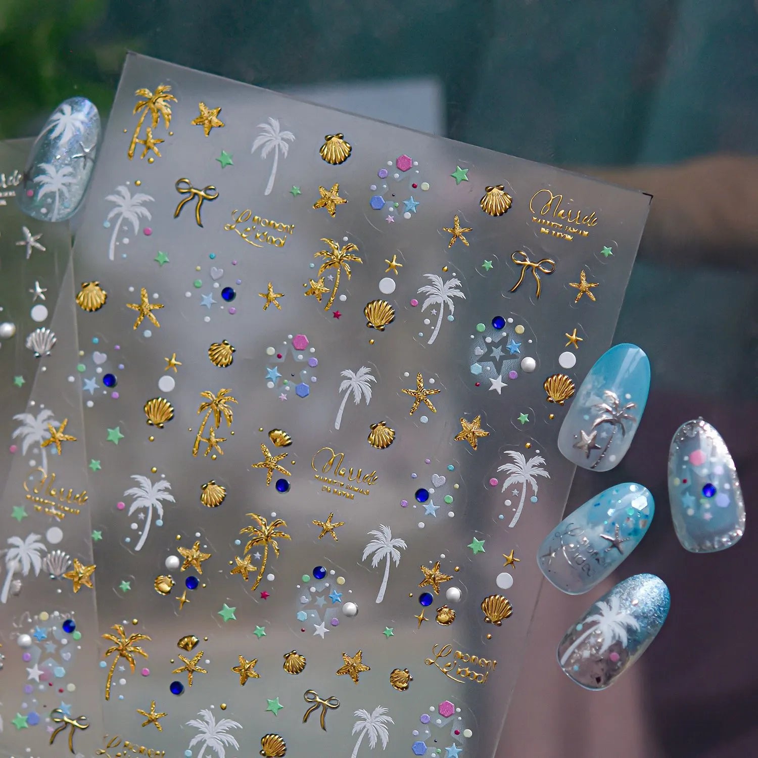 Gold & Silver Coastal Beach Nail Art Stickers - Hawaiian Palms Shells Decals