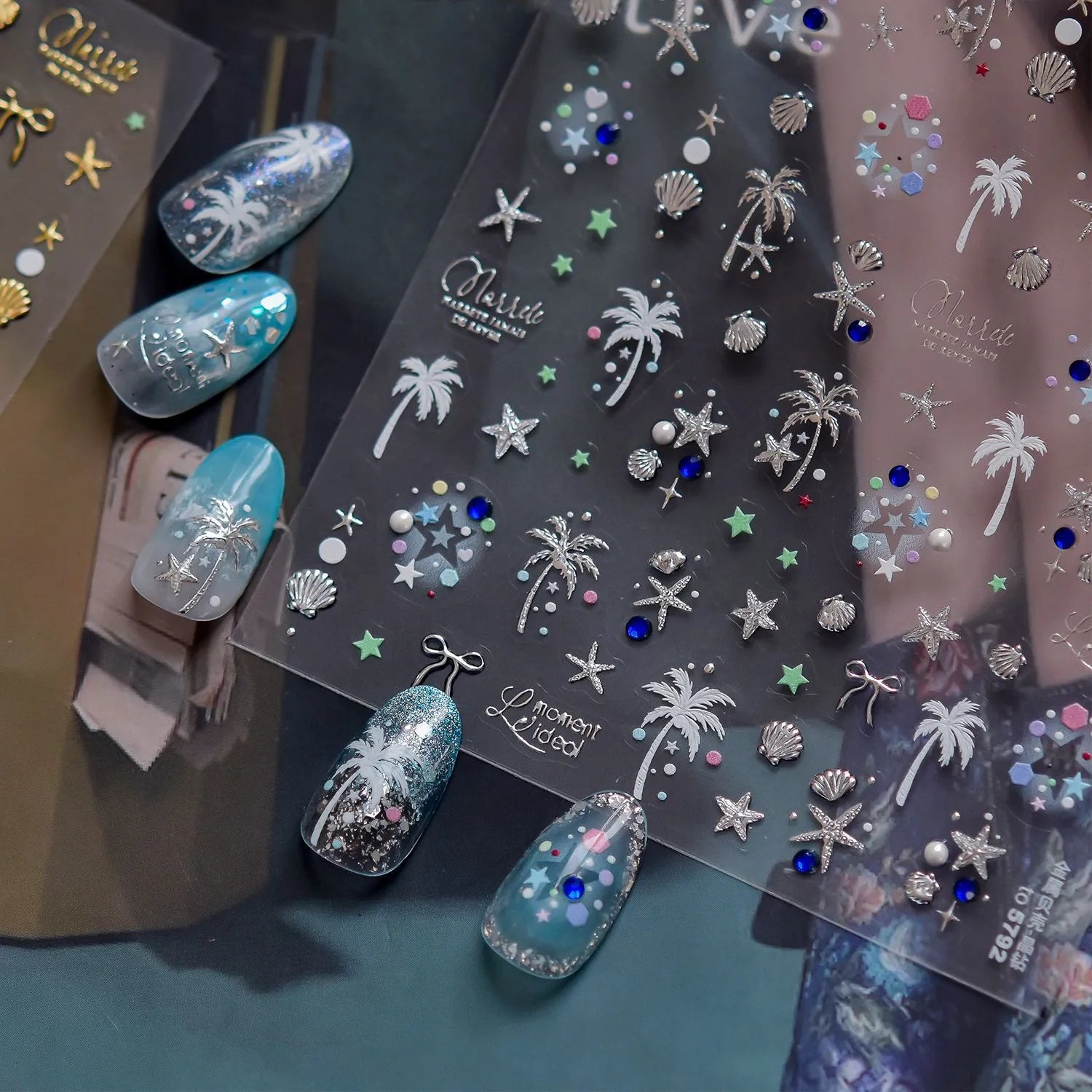 Gold & Silver Coastal Beach Nail Art Stickers - Hawaiian Palms Shells Decals