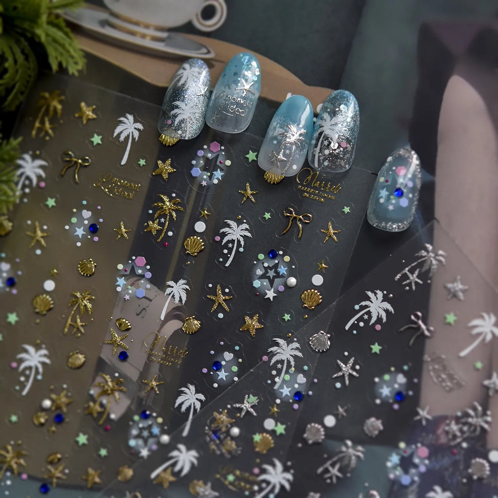 Gold & Silver Coastal Beach Nail Art Stickers - Hawaiian Palms Shells Decals