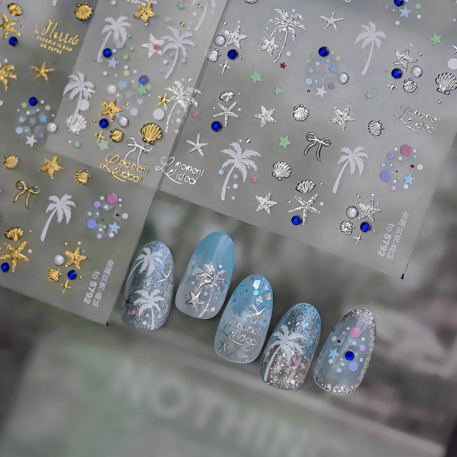Gold & Silver Coastal Beach Nail Art Stickers - Hawaiian Palms Shells Decals