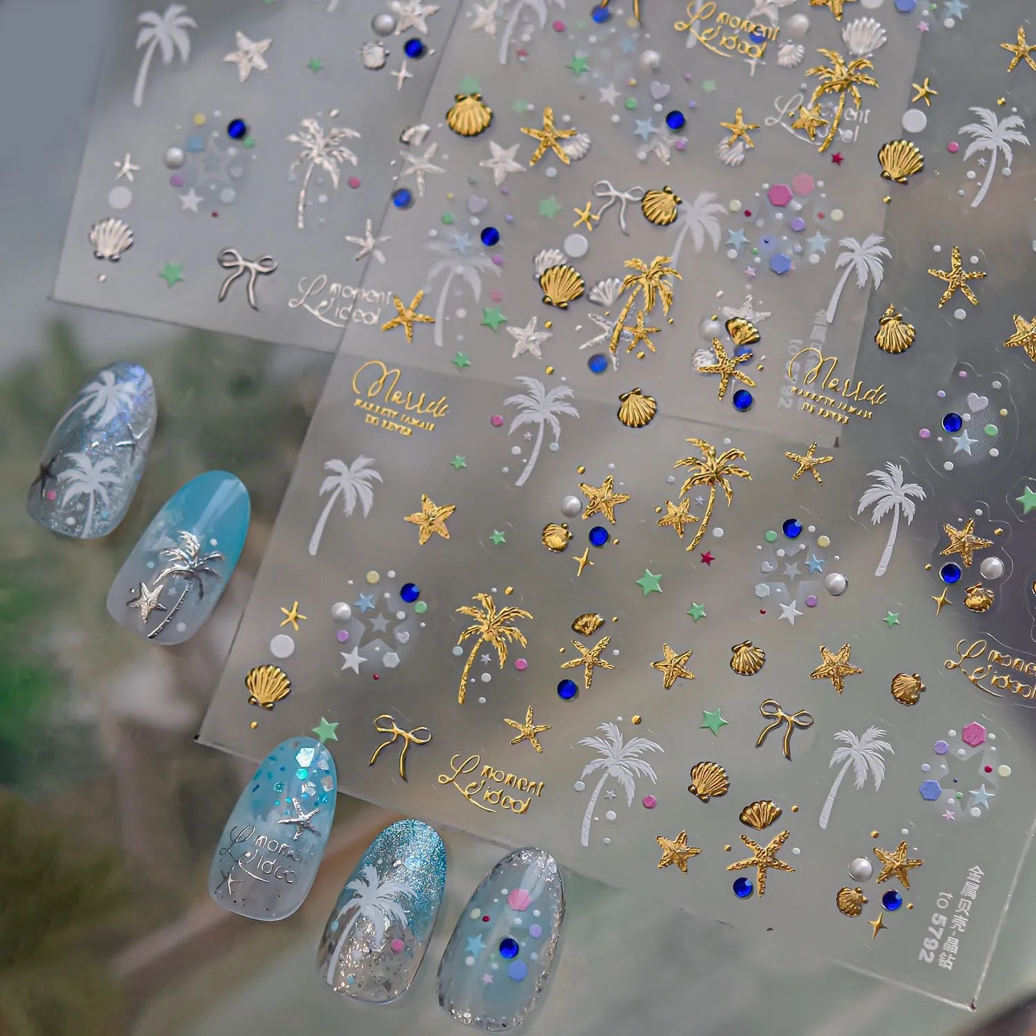 Gold & Silver Coastal Beach Nail Art Stickers - Hawaiian Palms Shells Decals 5792