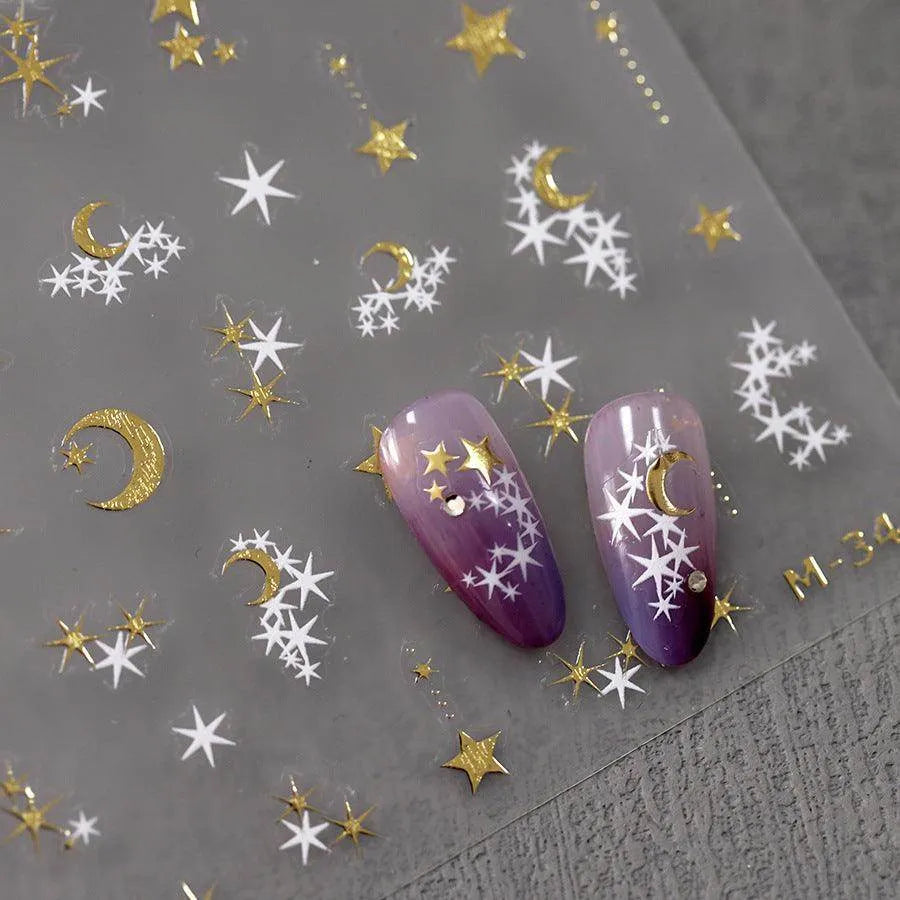 Gold Silver Star Nail Art Stickers Adhesive Embossed Moon Stars Metal Color Sticker Decals M344