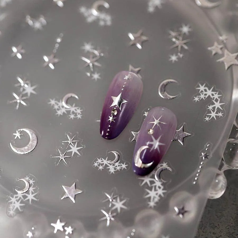 Gold Silver Star Nail Art Stickers Adhesive Embossed Moon Stars Metal Color Sticker Decals M344