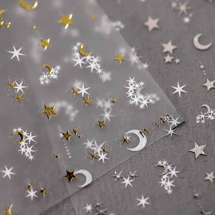 Gold Silver Star Nail Art Stickers Adhesive Embossed Moon Stars Metal Color Sticker Decals M344