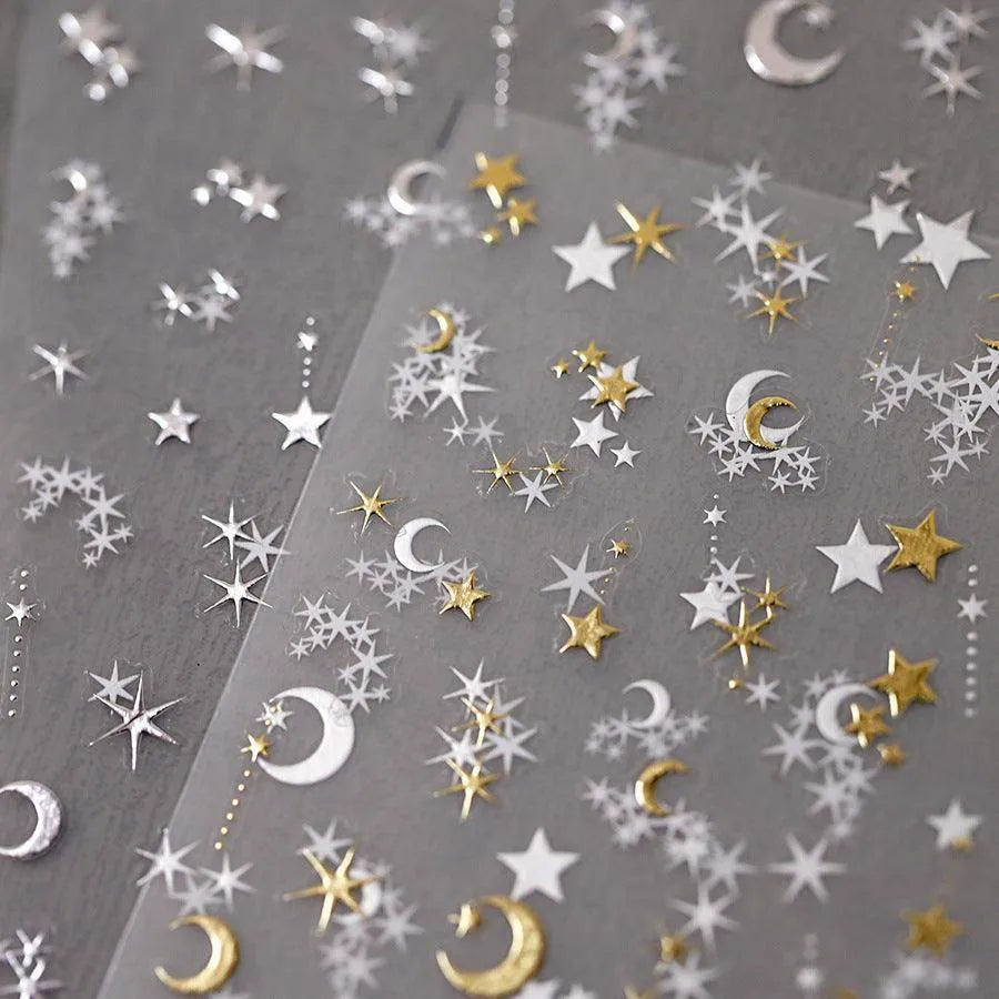 Gold Silver Star Nail Art Stickers Adhesive Embossed Moon Stars Metal Color Sticker Decals M344