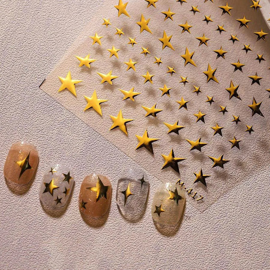 Gold Silver Star Nail Art Stickers Adhesive Metal Colors Cross Stars M004