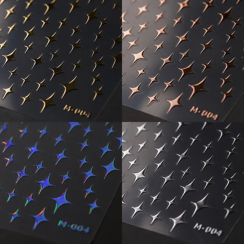 Gold Silver Star Nail Art Stickers Adhesive Metal Colors Cross Stars M004