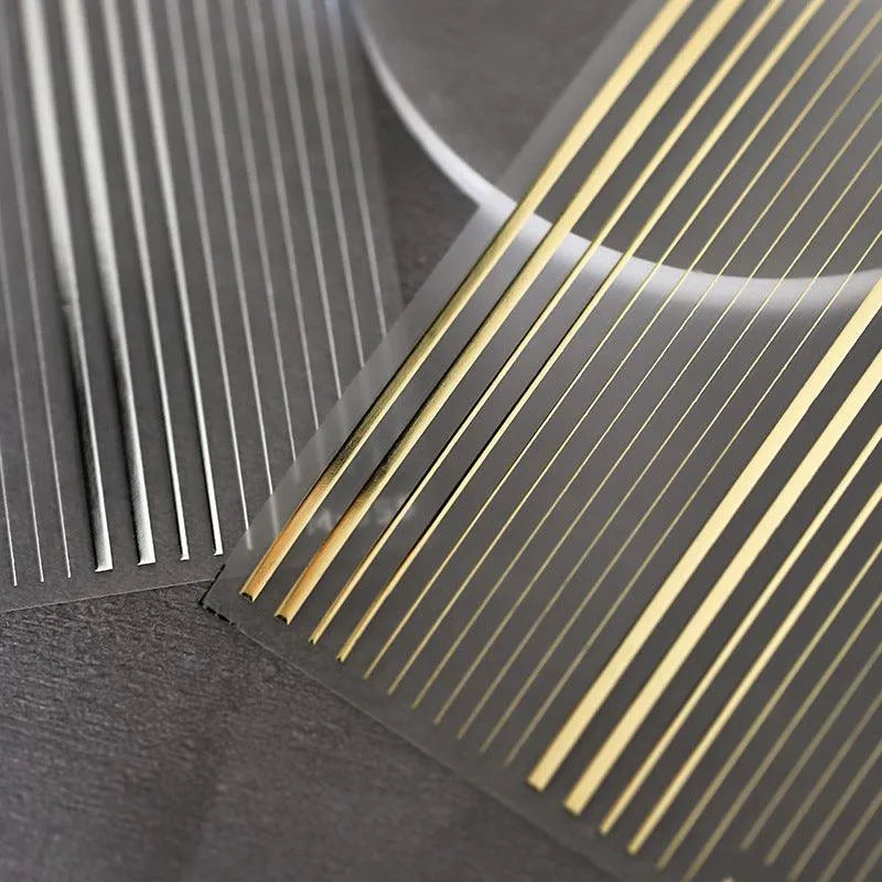 Gold Silver Stripes Nail Art Stickers Metal Color Lines Embossed Adhesive Sticker Decals 