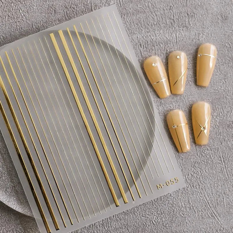 Gold Silver Stripes Nail Art Stickers Metal Color Lines Embossed Adhesive Sticker Decals 